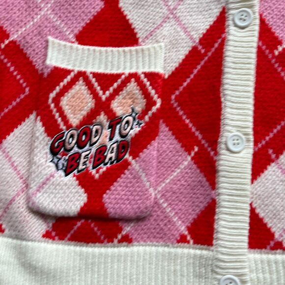 DC Comics Harley Quinn Sweater Cardigan Women's XL Patch Red Pink Cream - Picture 3 of 9